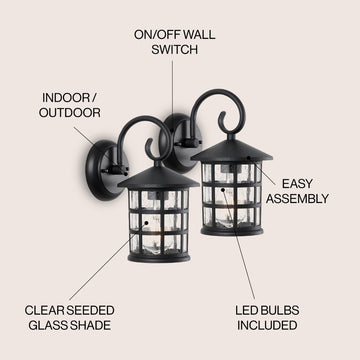 Cadiz 6" Iron/Seeded Glass Cottage Rustic Scrolled Lantern LED Outdoor Lantern - JONATHAN Y